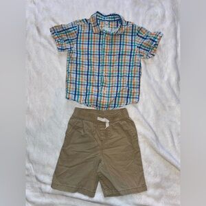 Plaid Short Sleeve button up Shirt and Tan Shorts Set.